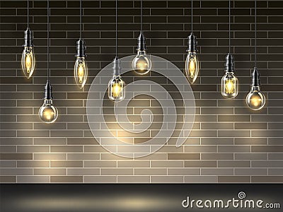 Light bulbs on brick wall background. Realistic glowing Edison lamps. Loft interior objects. Lightbulbs hanging on wire Vector Illustration