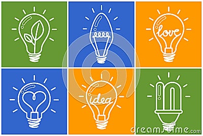 Light bulbs. Bulb icon set. Creative light bulb. Collection of design elements. Vector Illustration