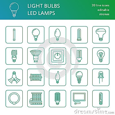 Light bulbs flat line icons. Led lamps types, fluorescent, filament, halogen, diode and other illumination. Thin linear Vector Illustration