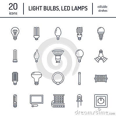 Light bulbs flat line icons. Led lamps types, fluorescent, filament, halogen, diode and other illumination. Thin linear Vector Illustration