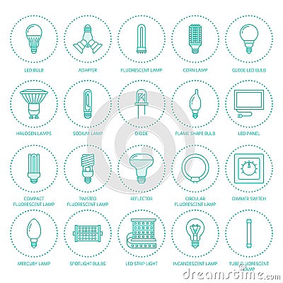Light bulbs flat line icons. Led lamps types, fluorescent, filament, halogen, diode and other illumination. Thin linear Vector Illustration