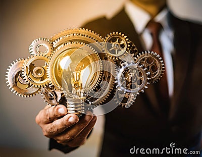 Light bulbs and gears representing brainstorming and idea generation, symbolizing creativity, innovation, and problem solving Stock Photo