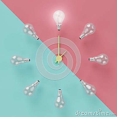 Light bulbs glowing one different idea clock concept on cross pastel pink and light blue background Stock Photo