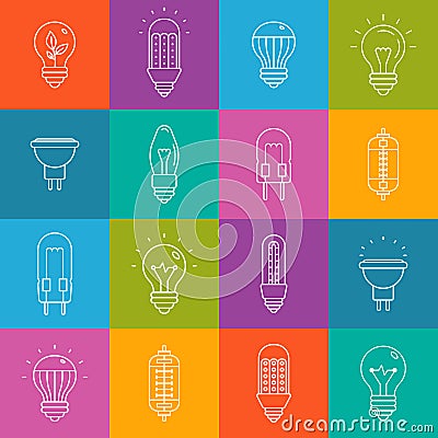 Light bulbs lineart minimal vector iconset on multicolor checkered texture Vector Illustration