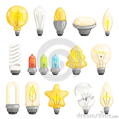 Light bulbs. Modern lamp save energy fluorescent lighted halogen vector cartoon pictures collection Vector Illustration