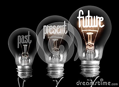 Light Bulbs with Past, Present and Future Concept Stock Photo