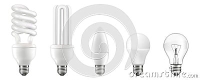 Light bulbs realistic 3D vector illustrations set. Different lightbulb types with various shapes isolated on white background. Vector Illustration