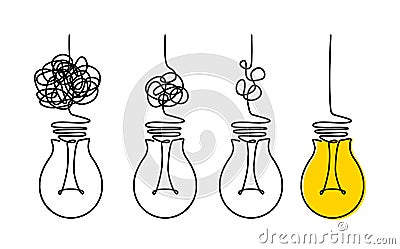 Light bulbs and scribbles. the concept of chaos and order in thoughts and ideas Cartoon Illustration