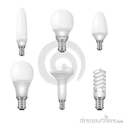 Light bulbs set. Different lightbulb types. Halogen, led, incandescent, energy saving and CFL lamps Vector Illustration