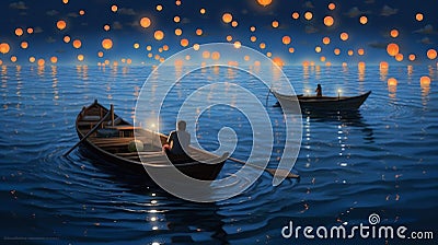 lamp water festival travel river celebration lantern night light boat. Generative AI. Stock Photo