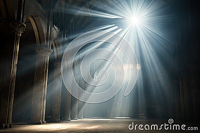 Light in church, symbolizing divine presence, truth, spiritual illumination, God love and grace. Sun rays radiant Stock Photo