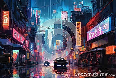 A Light City After Rain: Street Scene Cars Signs Movie Umbrellas Glowing Blue Lights Stock Photo