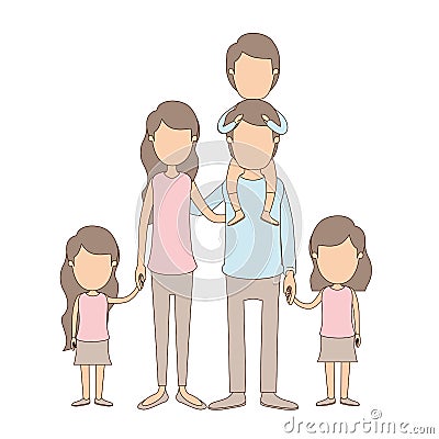 Light color caricature faceless big family parents with boy on his back and daugthers taken hands Vector Illustration