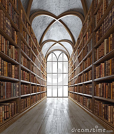 Light coming through arched window in library or reading room with many old books.Vintage style. Stock Photo