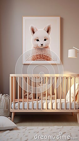 Light, cozy baby room features a modern crib and charming animal wall art Stock Photo