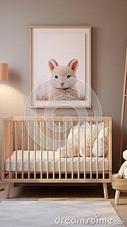 Light, cozy baby room features a modern crib and charming animal wall art Stock Photo