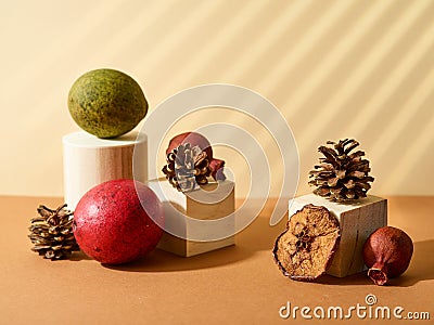 On a light and dark beige background, the original composition. Geometric shapes, fruits and cones. Shop window, interior decor, Stock Photo