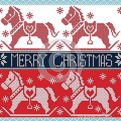 Light and dark blue , red Merry Christmas Scandinavian seamless Nordic pattern with rocking dala pony horses, stars, snowflakes i Vector Illustration