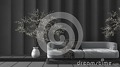 Light and dark concrete molded plaster wall in modern luxury living room with sofa and potted tree. Cozy background with copy Stock Photo