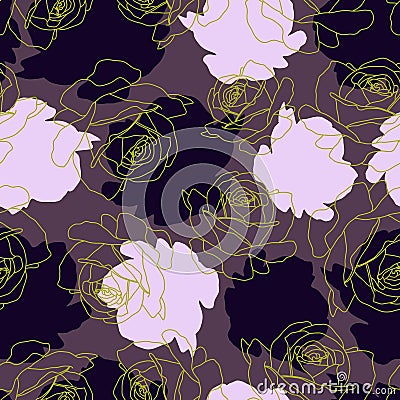Light and Dark Purple Rose Silhouettes With Gold Outlined Roses Seamless Repeat Design Vector Illustration