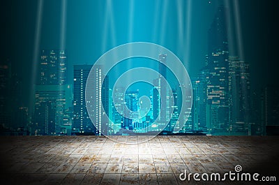 Light in dark room with night modern city building background Stock Photo