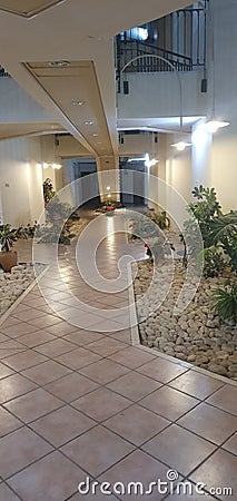 A light decorated hallway in an apartment buiding in Hashmura residence on Carmel mountain, Israel today Editorial Stock Photo