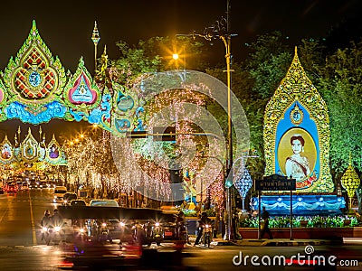 Light decoration for Queen birthday celebration in Bangkok Editorial Stock Photo