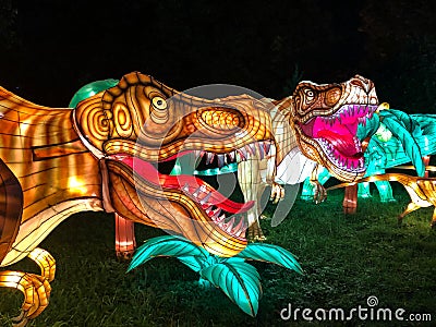 Two t-rex dinosaurs light display at China Lights in Hales Corner, Wisconsin Stock Photo