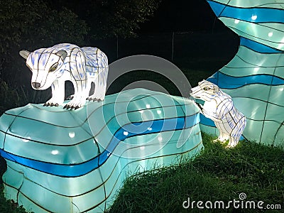 Two white polar bears light display at China Lights in Hales Corner, Wisconsin Stock Photo