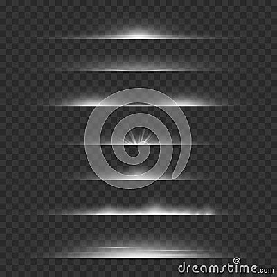 Light dividers. Line flare glowing borders, white horizontal beams. Futuristic transparent rays vector set Vector Illustration