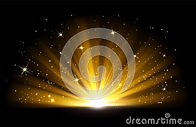 Light effect. Vector shining golden bright light. Gold shine burst with sparkles illustration isolated on black Vector Illustration