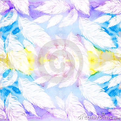 Light feathers, large and small on a watercolor background Stock Photo