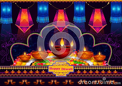 Light festival of India Happy Diwali celebration background Vector Illustration