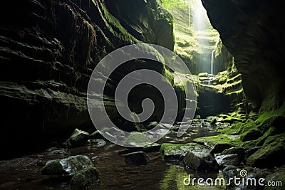 light filtering through crevices onto mossy cave floor Stock Photo