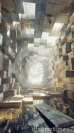 Light filters through the spaces between the cubes adding to the surreal ambiance Stock Photo