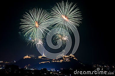 Light and fireworks show on dark sky. Stock Photo