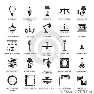 Light fixture, lamps flat glyph icons. Home and outdoor lighting equipment - chandelier, wall sconce, bulb, power socket Vector Illustration