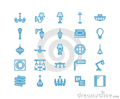 Light fixture, lamps flat line icons. Home and outdoor lighting equipment - chandelier, wall sconce, bulb, power socket Vector Illustration