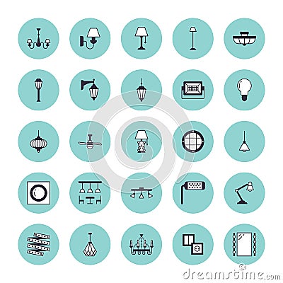 Light fixture, lamps flat line icons. Home and outdoor lighting equipment - chandelier, wall sconce, bulb, power socket Vector Illustration