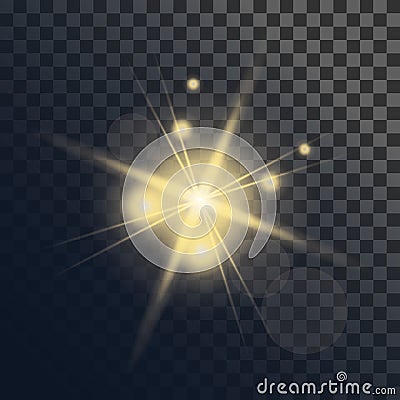 Light flare or star explosion with glowing sparkles and lens flare effect. Shining sunburst light effect on transparent Vector Illustration