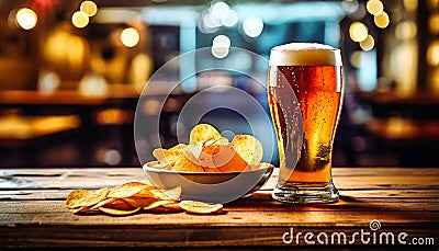 Light foamy beer with potato crisps on bar background, chips snack and cold bar beverage, food and drink Stock Photo