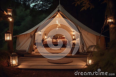 camping glamping canvas vacation forest luxury light travel nature tent. Generative AI. Stock Photo