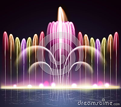 Light Fountain Realistic Night Background Vector Illustration