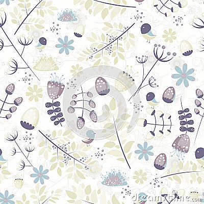 Light fresh seamless pattern with birds, leaves, flowers Vector Illustration
