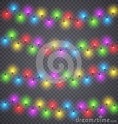 Light garlands. Christmas festive color lighting decoration with light bulbs on wires. Winter holidays and festival Vector Illustration