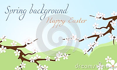 Light gentle background with branches of Japanese sakura. Vector banner for Easter greetings. Vector children illustration Vector Illustration