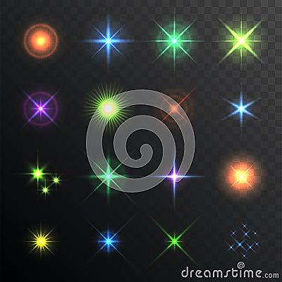 Light Glare, Highlight. Lens Flares Set. Lighting effects of flash. Vector Vector Illustration