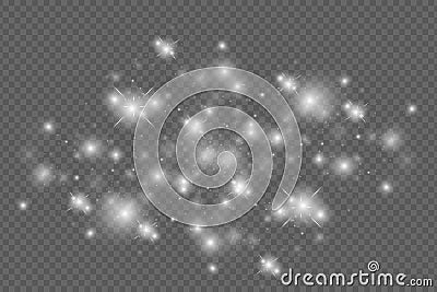 The dust sparks and golden stars shine with special light. Vector sparkles on a transparent background Vector Illustration