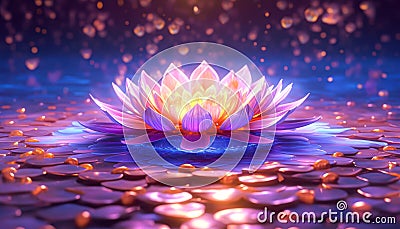 Light glowing lotus flower with pink illumination spiritual awakening enlightment meditation, wedding invitations, package. Cartoon Illustration