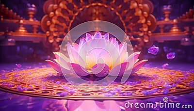 Light glowing lotus flower with pink illumination spiritual awakening enlightment meditation, wedding invitations, package. Cartoon Illustration